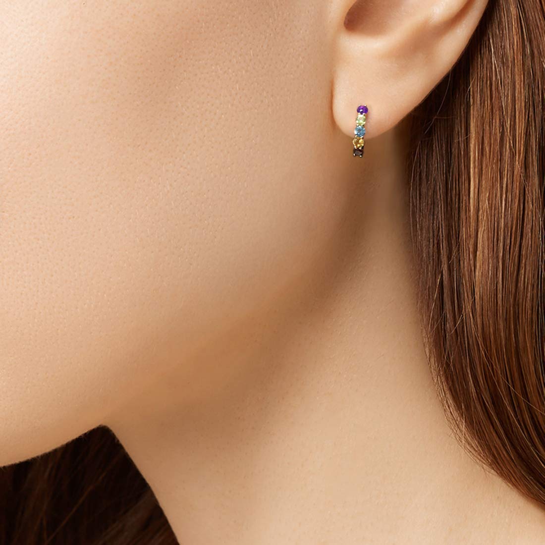 FANCIME 14k "Rainbow Gemstones" Huggie Cartilage Hoop Earrings Model