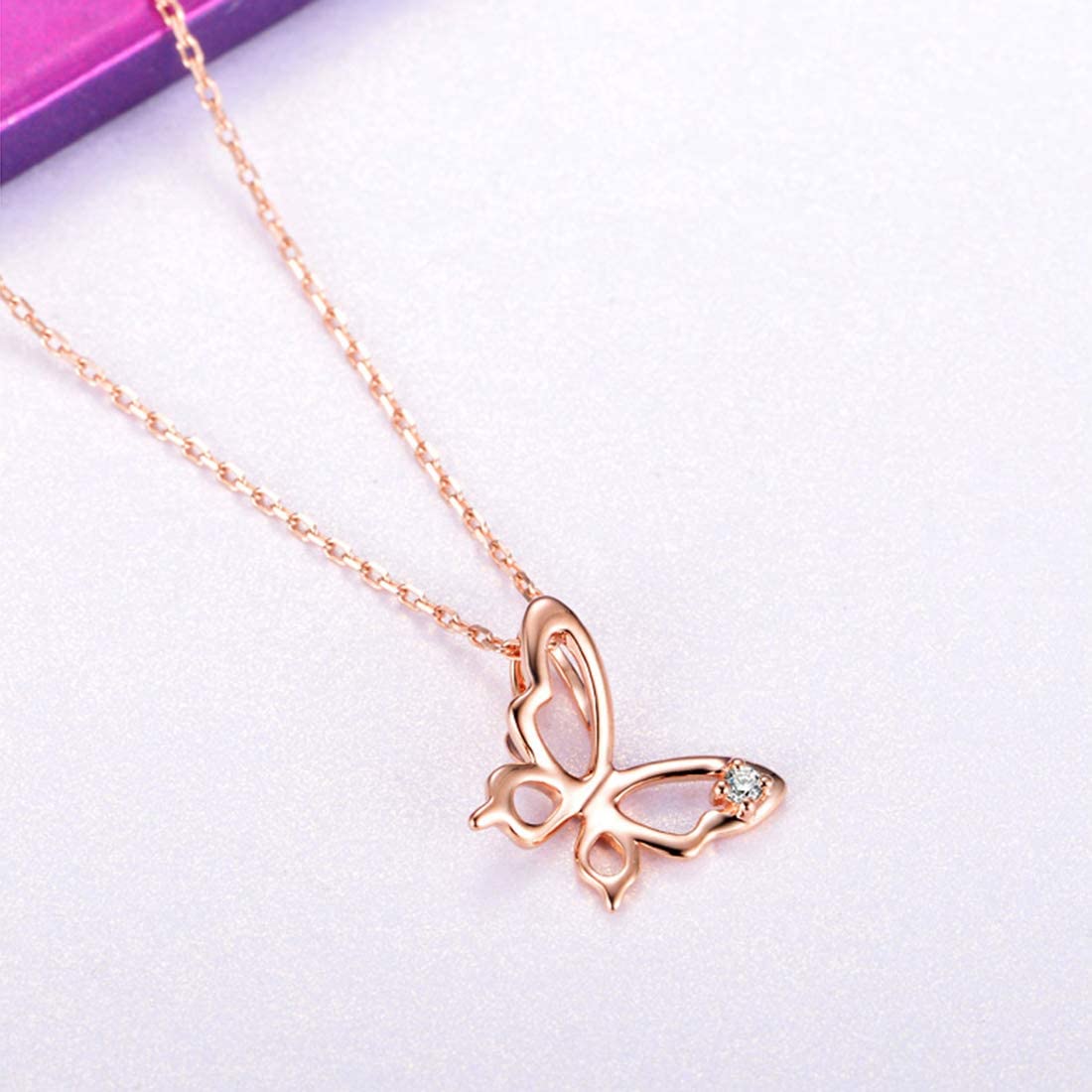 Fanci "Adaline"  Butterfly Open 14K Solid Rose Gold Necklace Show