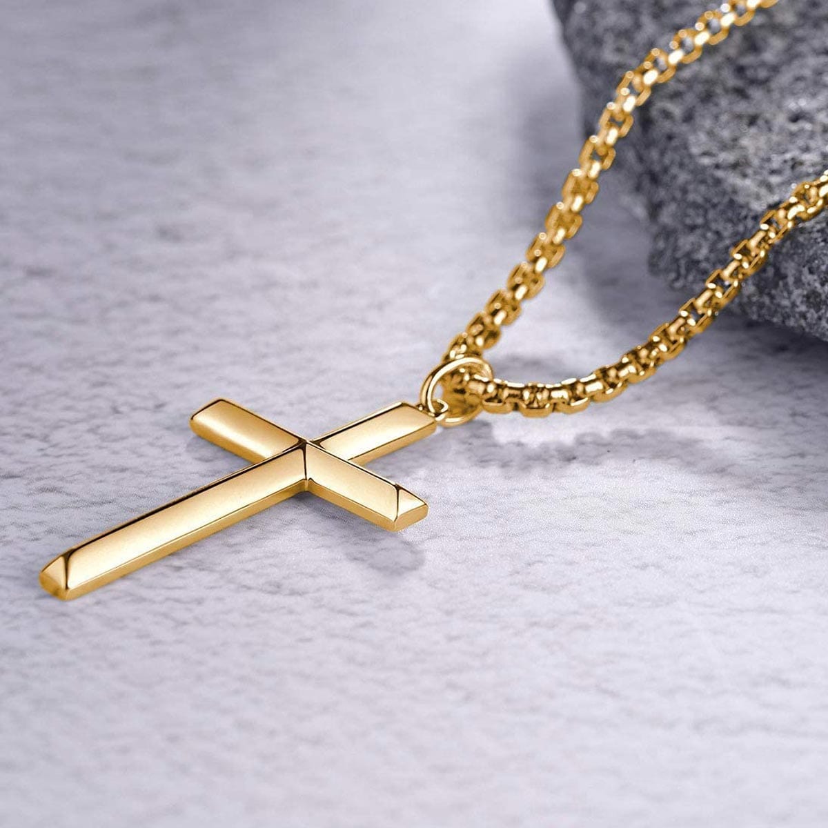 FANCIME Plated Mens Beveled Cross 14K Yellow Gold Necklace Side