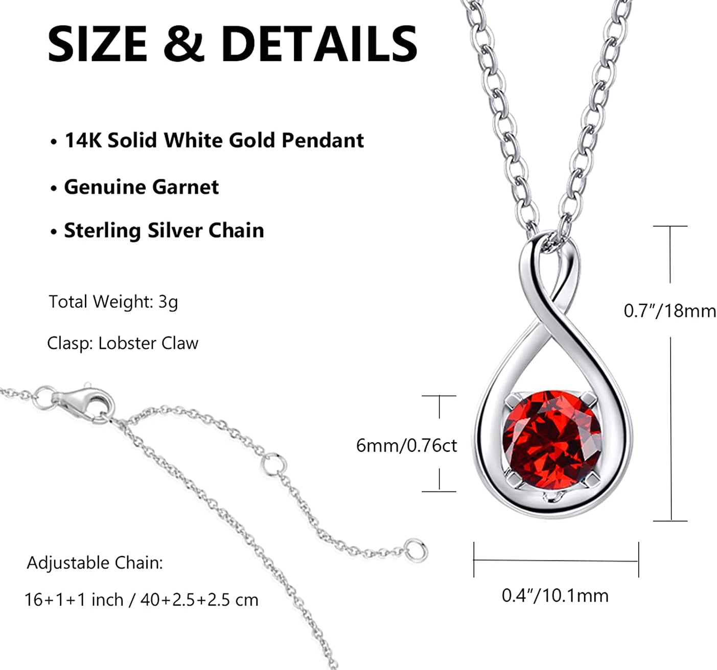 FANCIME "Birthstone" Garnet January GemstoneSterling Silver Necklace Size