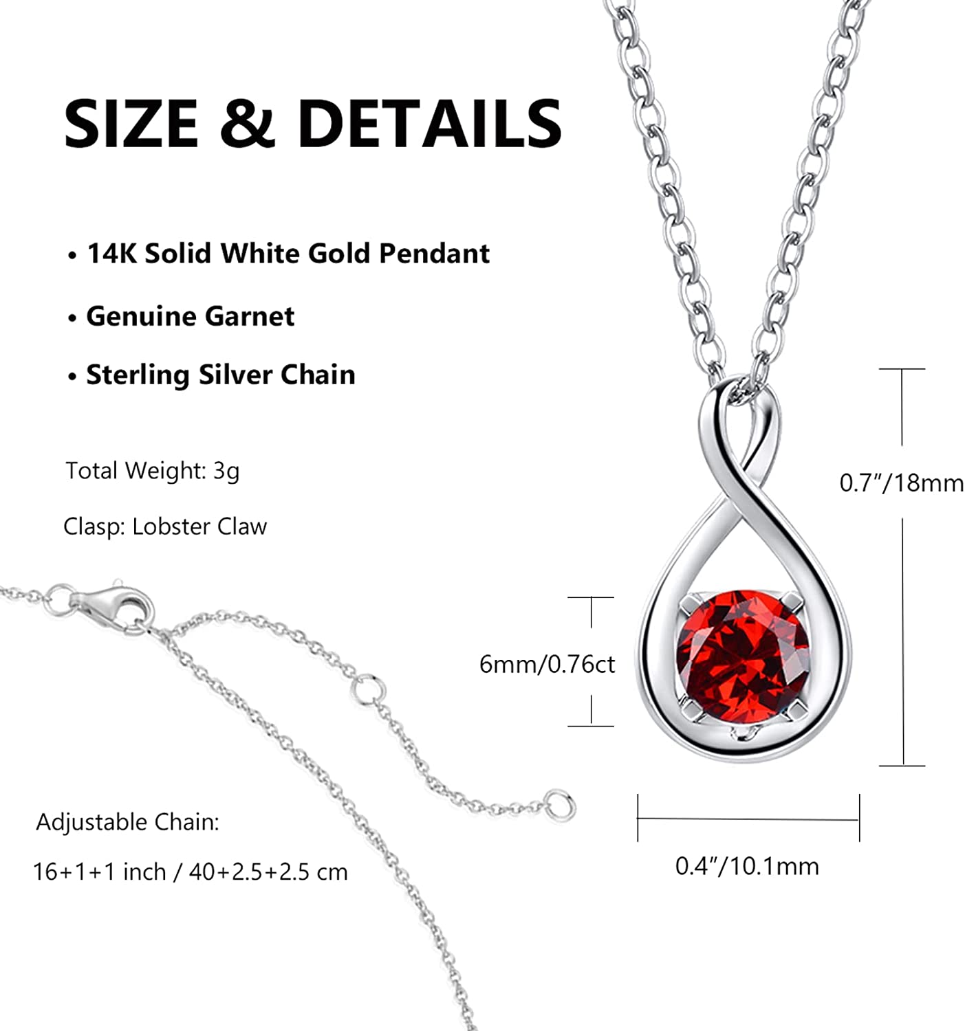 FANCIME "Birthstone" Garnet January GemstoneSterling Silver Necklace Size
