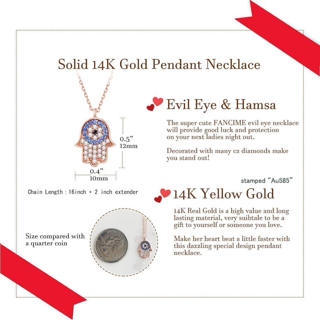 Cubic Zirconia Gemstone & 14K Rose Gold Evil Eye and Hamsa Pendant Necklace