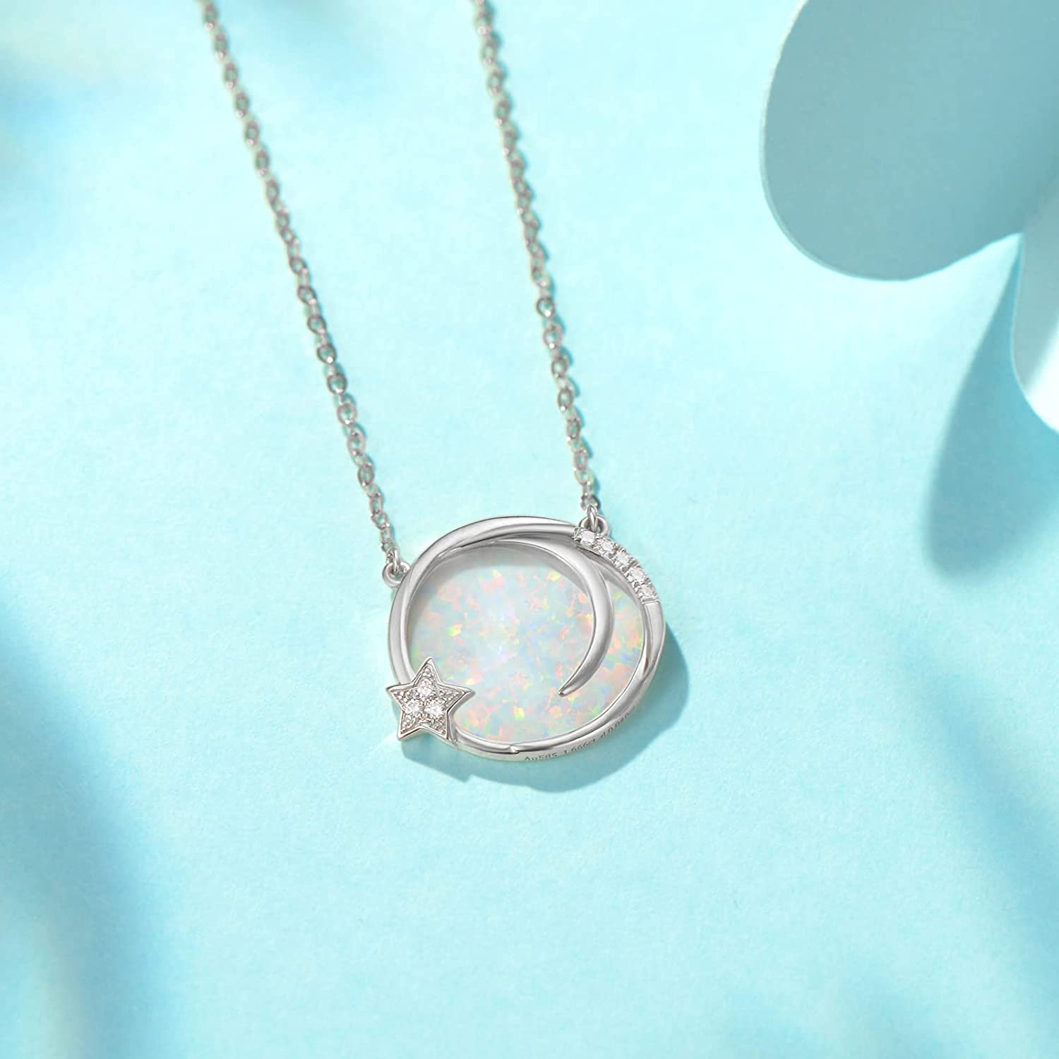 Fanci "Dreamy Wish" Opal Moon Star Disc 14K Gold Necklace Detail