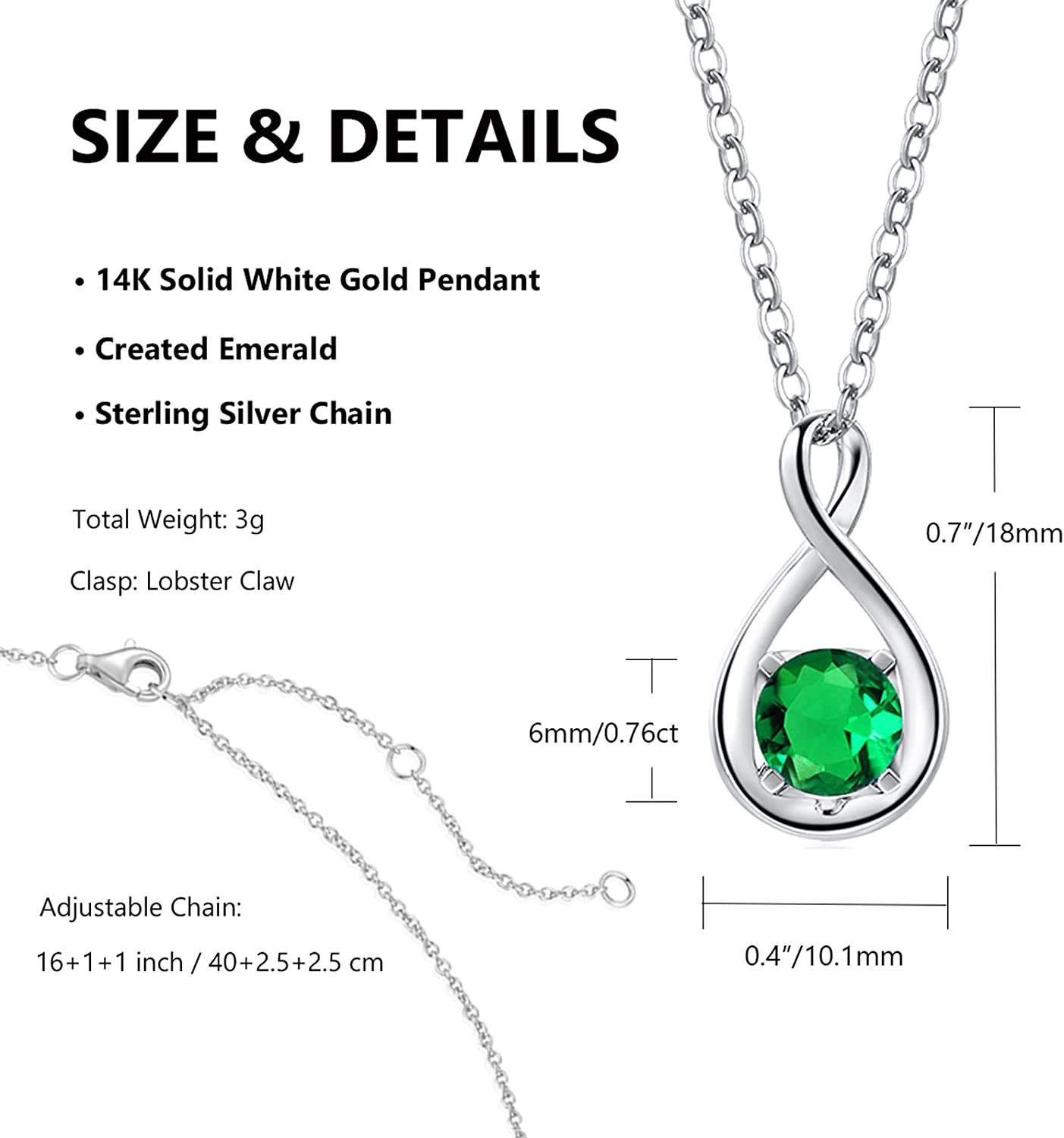 FANCIME "Birthstone" Emerald May Gemstone Sterling Silver Necklace Size