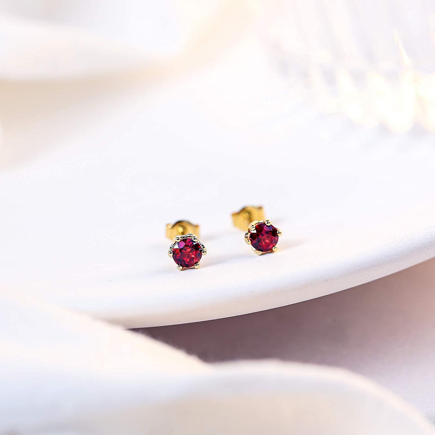 14K Yellow Gold Natural Garnet Round Stud Earrings Dainty Jewelry Gift for Her