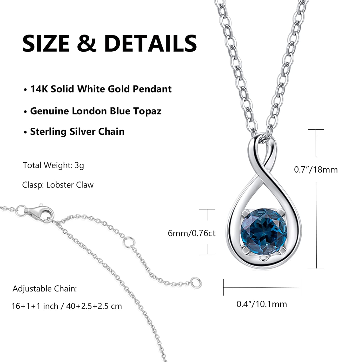 FANCIME "Birthstone" December Gemstone Sterling Silver Necklace Size