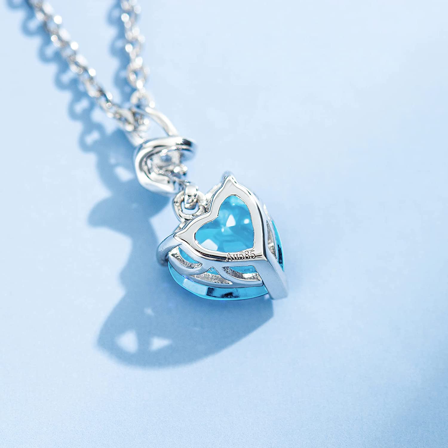 FANCIME Aquamarine March Gemstone Heart Sterling Silver Necklace Back