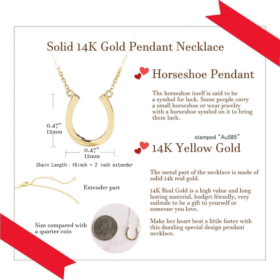 FANCIME Horseshoe Necklace14K Solid Yellow Gold Necklace Size