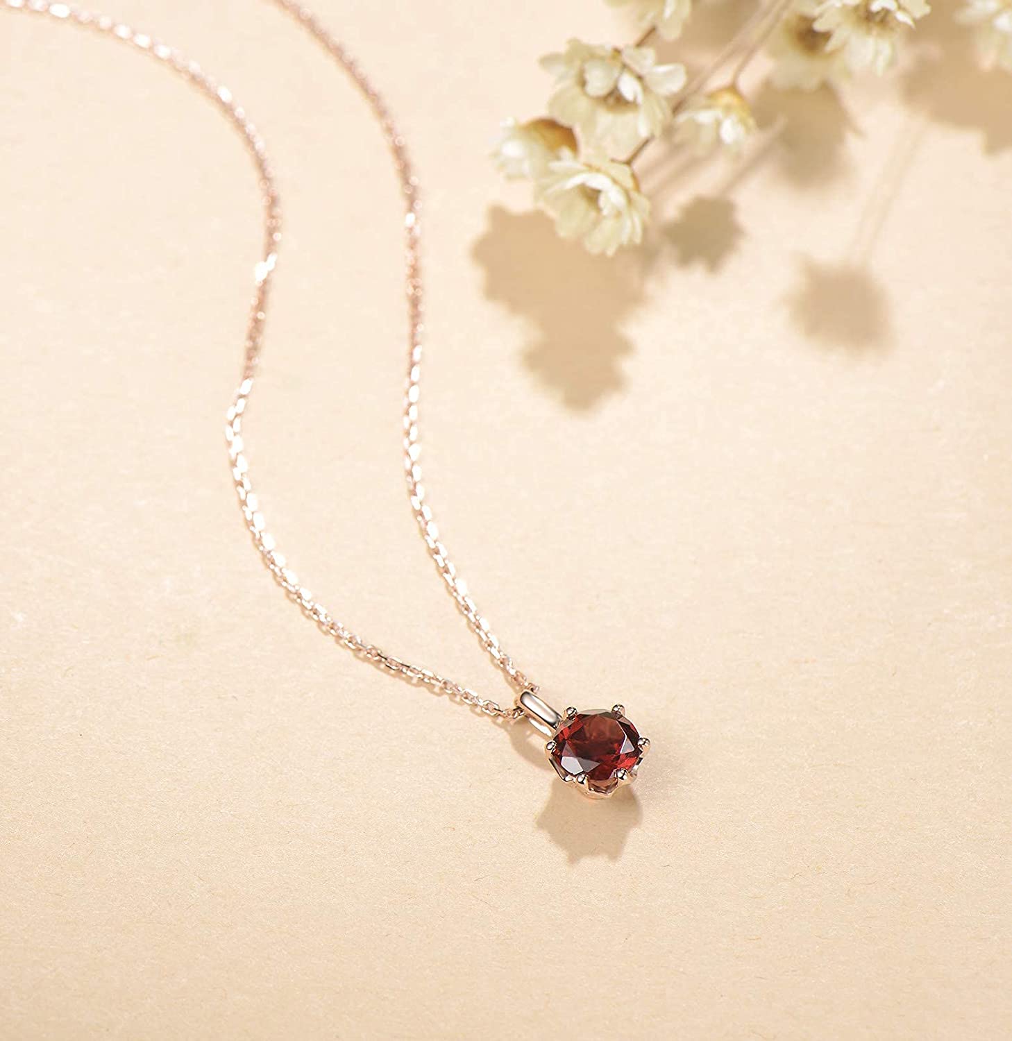 FANCIME Dark Red Garnet 14K Solid Rose Gold Necklace Full