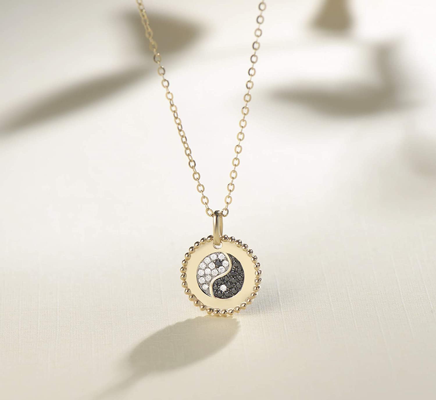 Diamond Yin Yang Round Disc Coin Pendant Necklace in 14k Yellow Gold