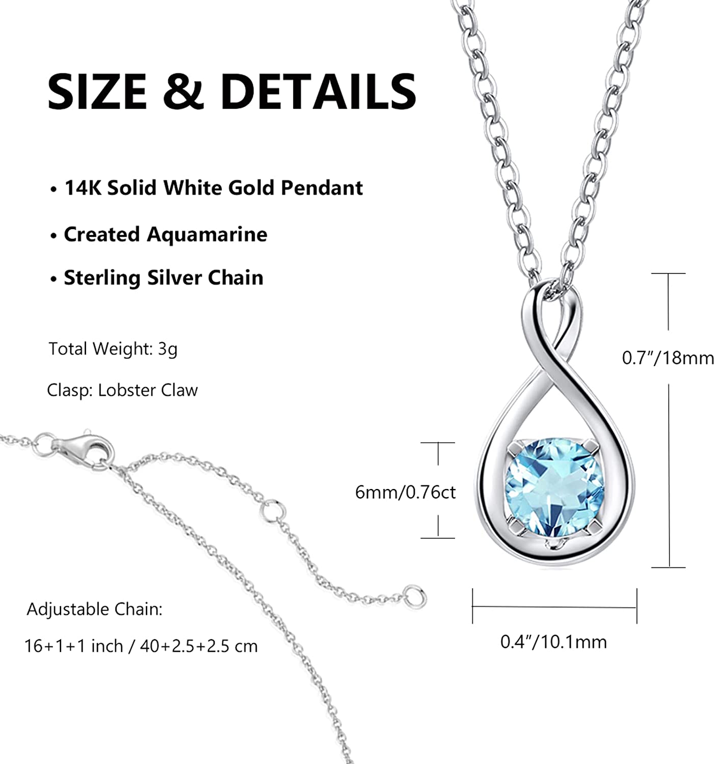 FANCIME "Birthstone" Aquamarine March Gemstone Sterling Silver Necklace Size