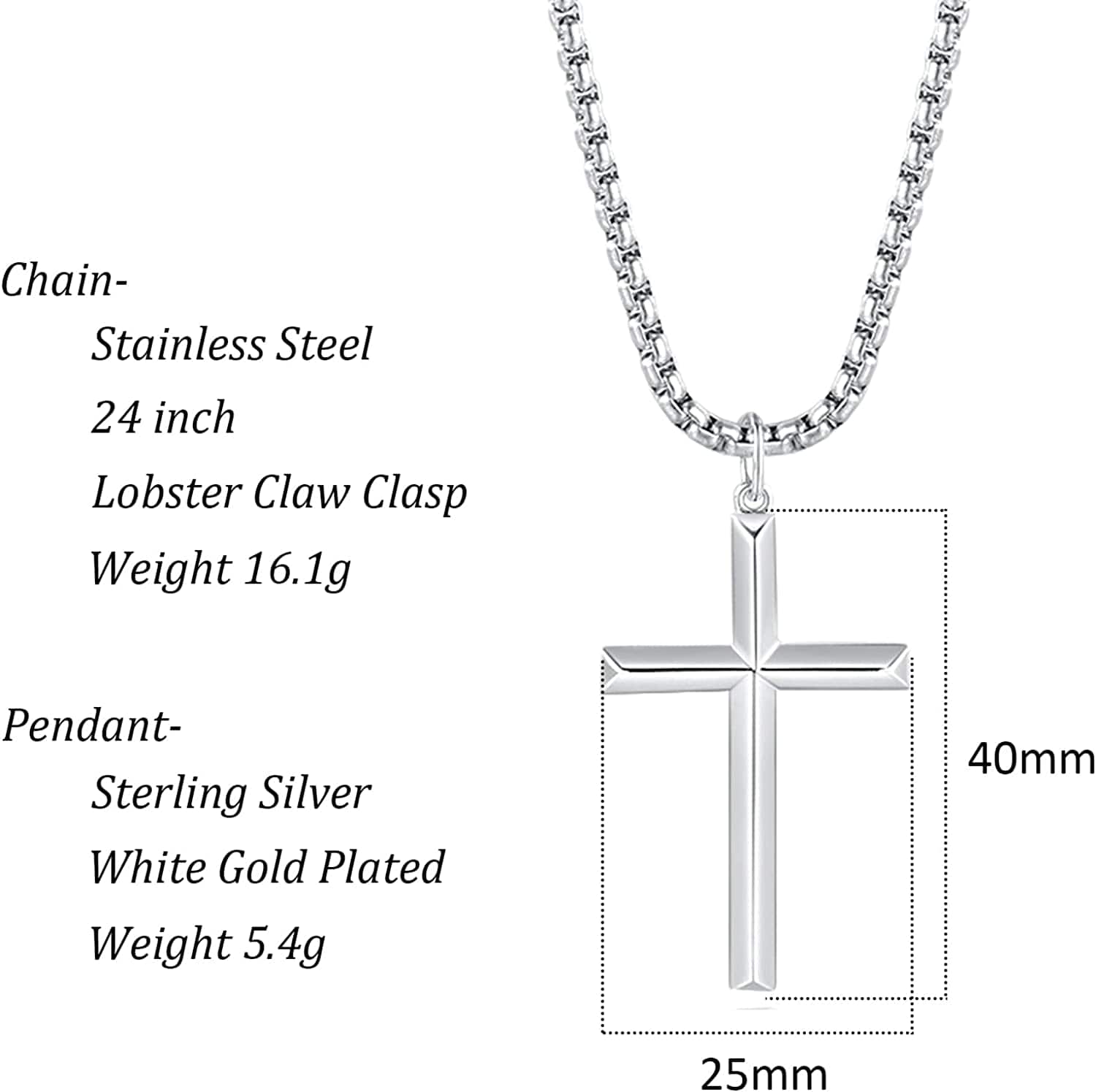 FANCIME Mens Beveled Cross Sterling Silver Necklace Size