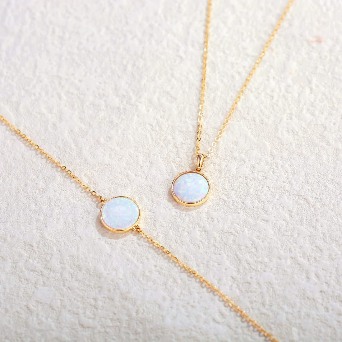 FANCIME Created White Opal Round14K Real Yellow Gold Necklace Detail