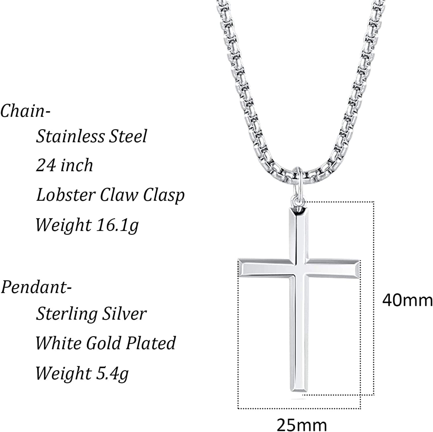 FANCIME Men's Plain Polished Cross Sterling Silver Necklace Size