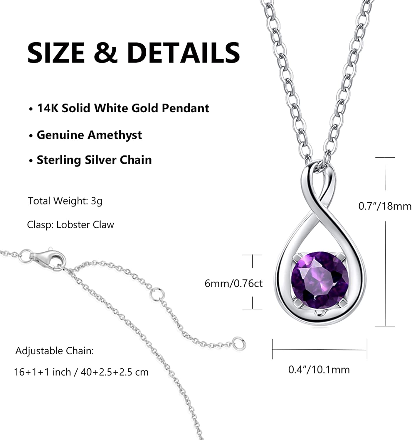 FANCIME Amethyst February Gemstone Sterling Silver Necklace Size