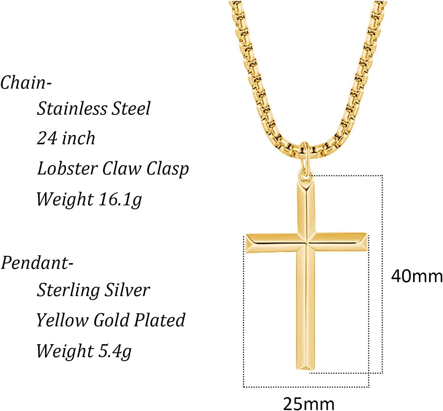 FANCIME Plated Mens Beveled Cross 14K Yellow Gold Necklace Size