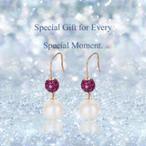 18K Solid Rose Gold 10mm White Freshwater Cultured High Luster Pearl Natural Ruby Tourmaline Diamond Drop Dangle Earrings