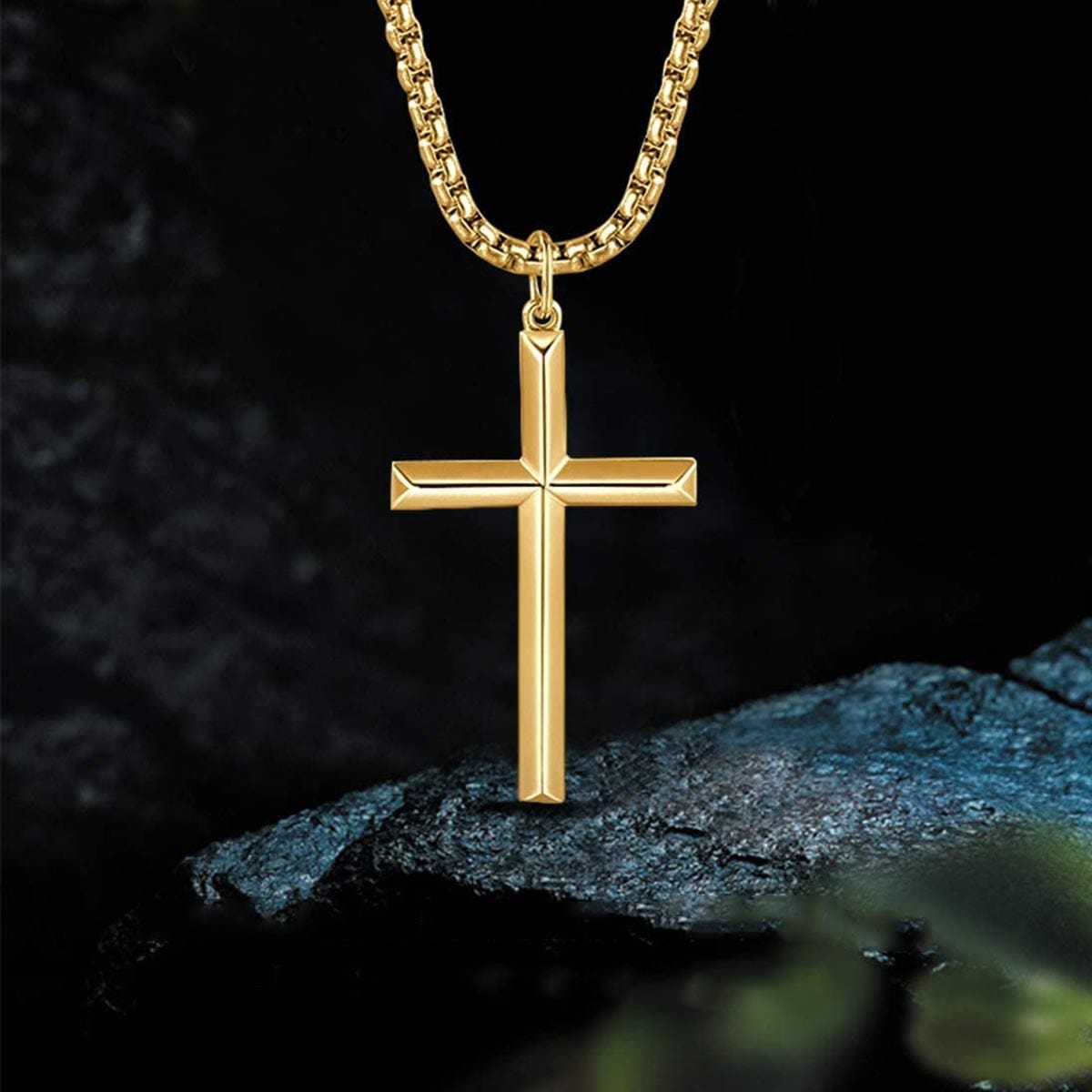 FANCIME Plated Mens Beveled Cross 14K Yellow Gold Necklace Detail3