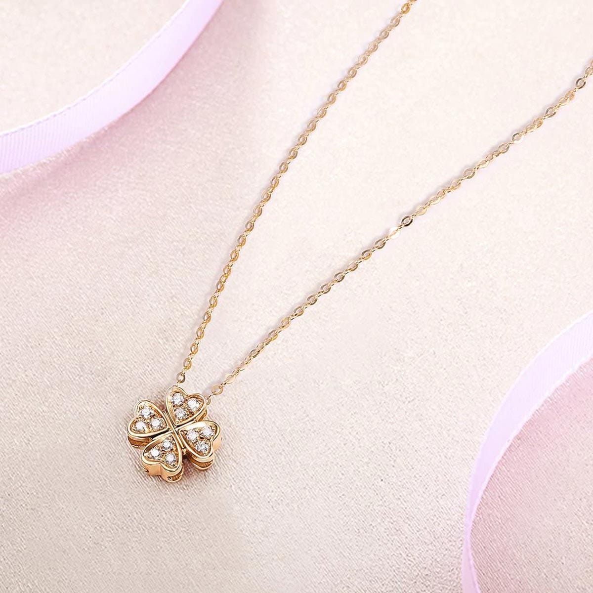 FANCIME Heart-Shaped Four Leaf Clover 18K Solid Rose Gold Necklace Full