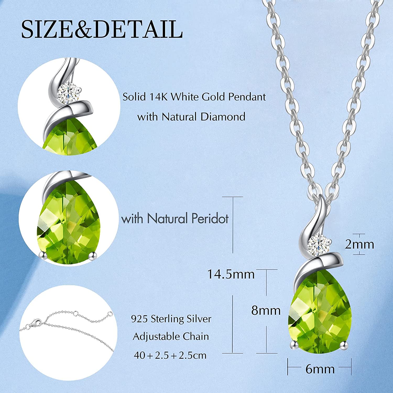 FANCIME "Ribbon" Peridot August Gemstone Sterling Silver Necklace Size