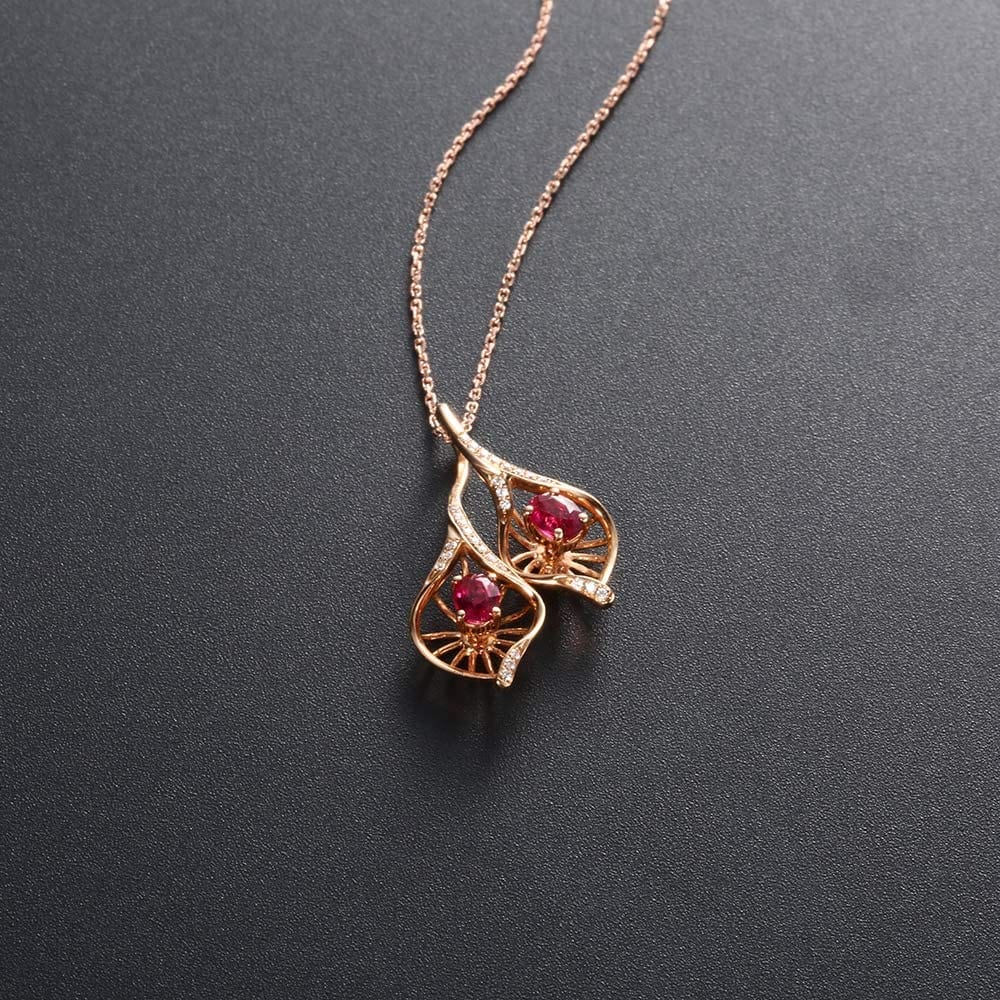 FANCIME "Never Be Apart" High Leaf Red Ruby 18K Solid Rose Gold Necklace Detail
