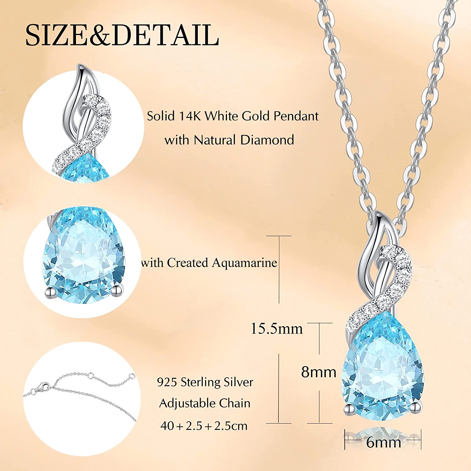 FANCIME "Timeless Heart" Aquamarine March Gemstone Sterling Silver Necklace Size