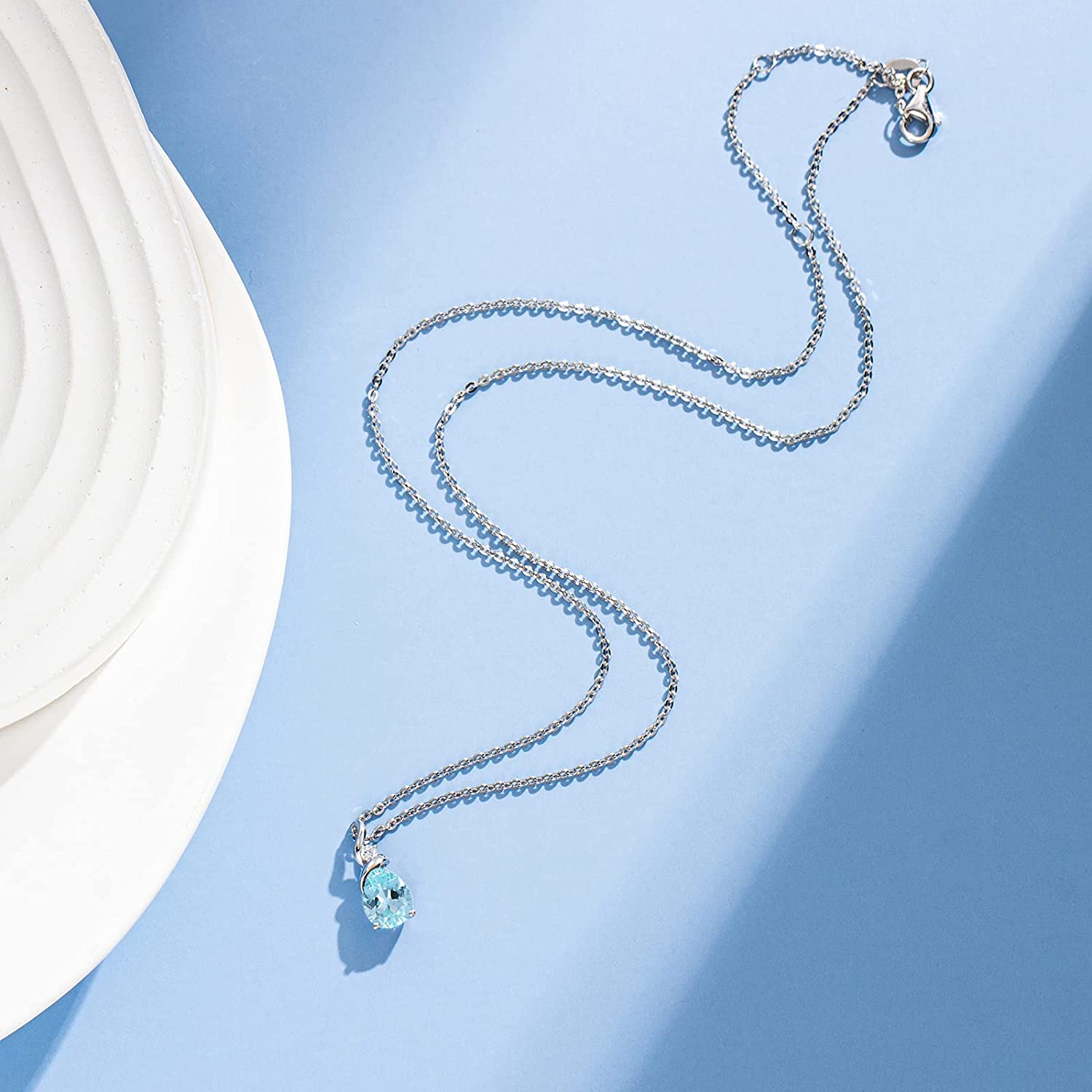 FANCIME "Ribbon" Aquamarine March Gemstone Sterling Silver Necklace Full