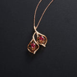 FANCIME "Never Be Apart" High Leaf Red Ruby 18K Solid Rose Gold Necklace Detail2