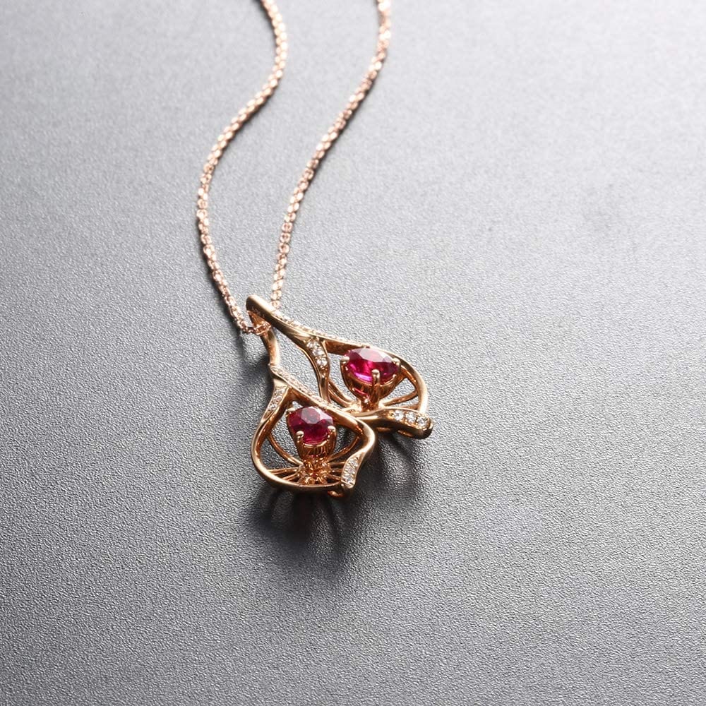 FANCIME "Never Be Apart" High Leaf Red Ruby 18K Solid Rose Gold Necklace Detail3