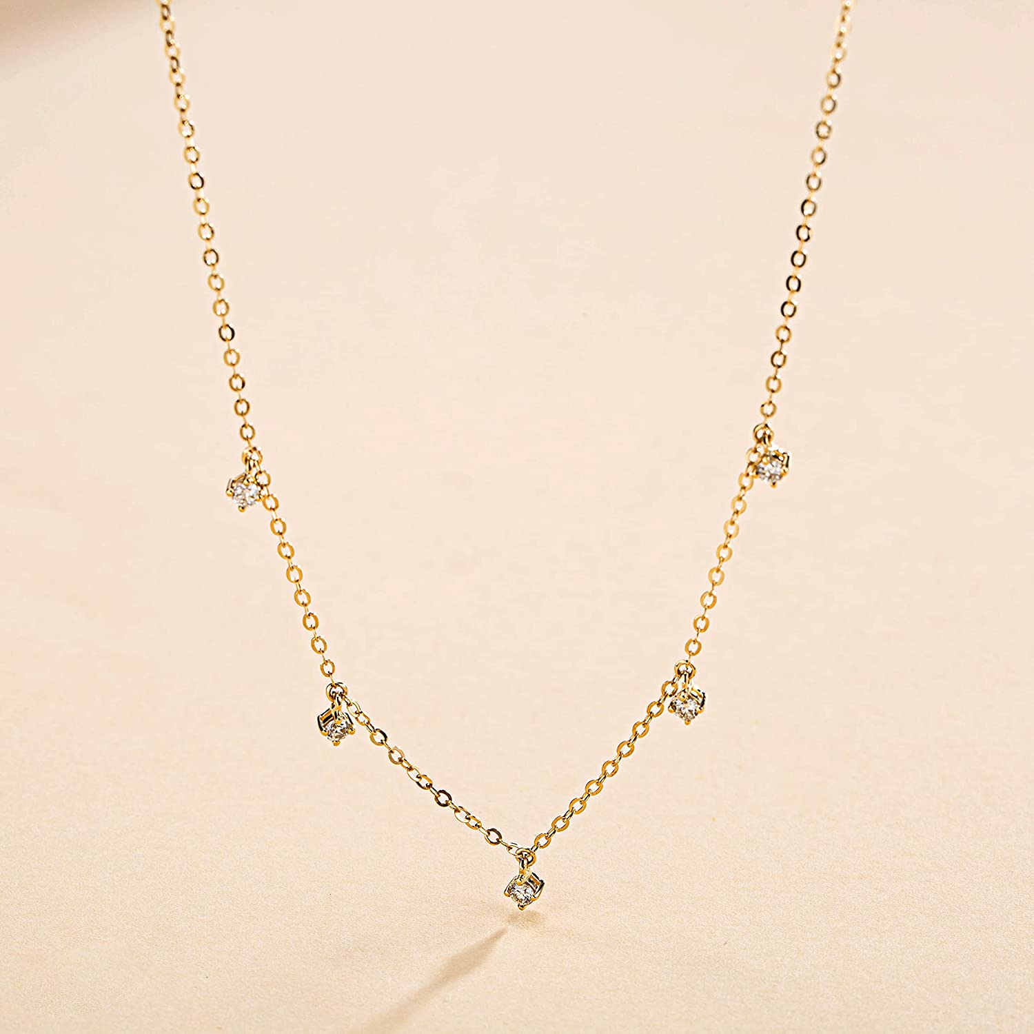 Fanci “5 Stone” Minimalist Chain 14K Solid Gold Necklace Main