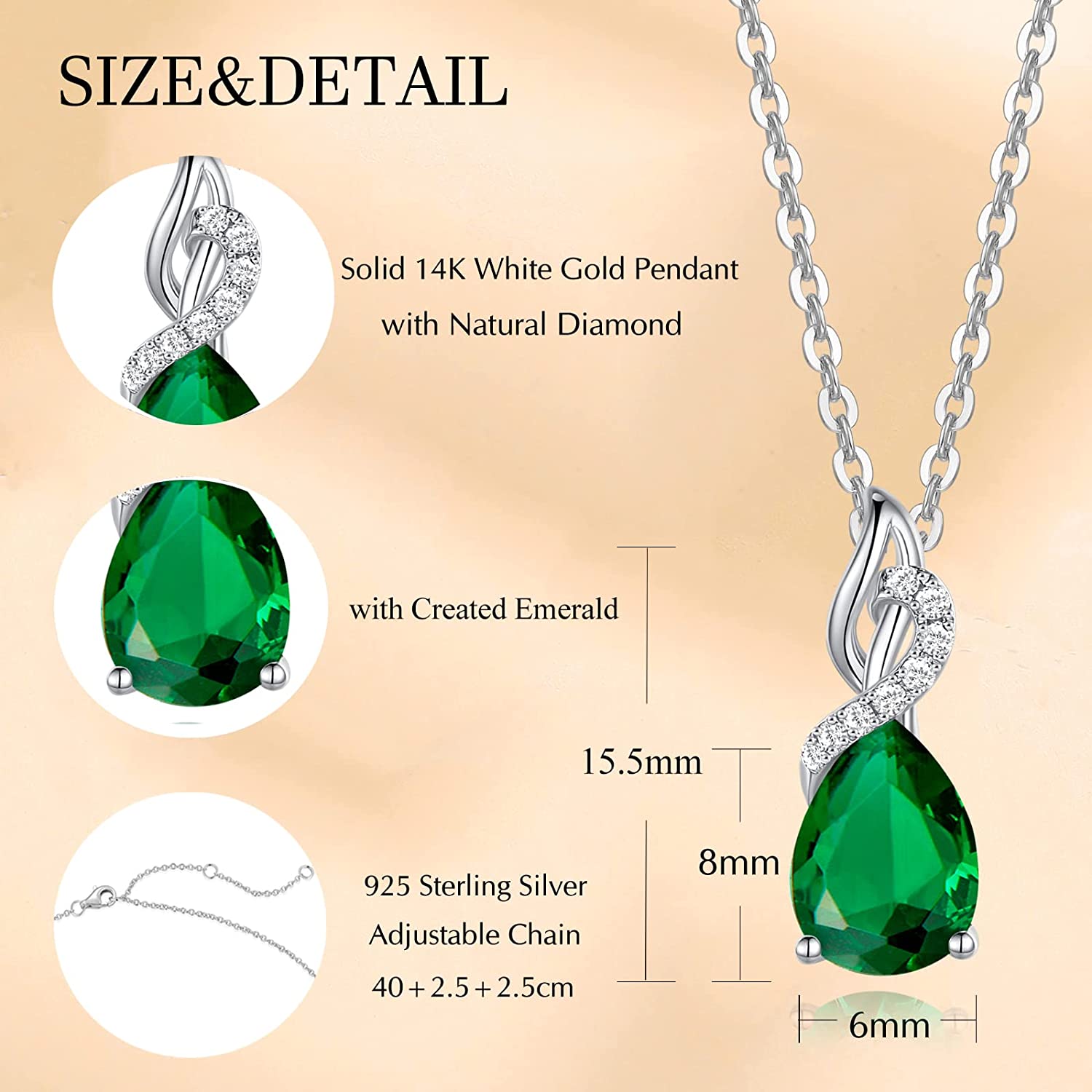 FANCIME "Timeless Heart" Emerald May Gemstone Sterling Silver Necklace Size