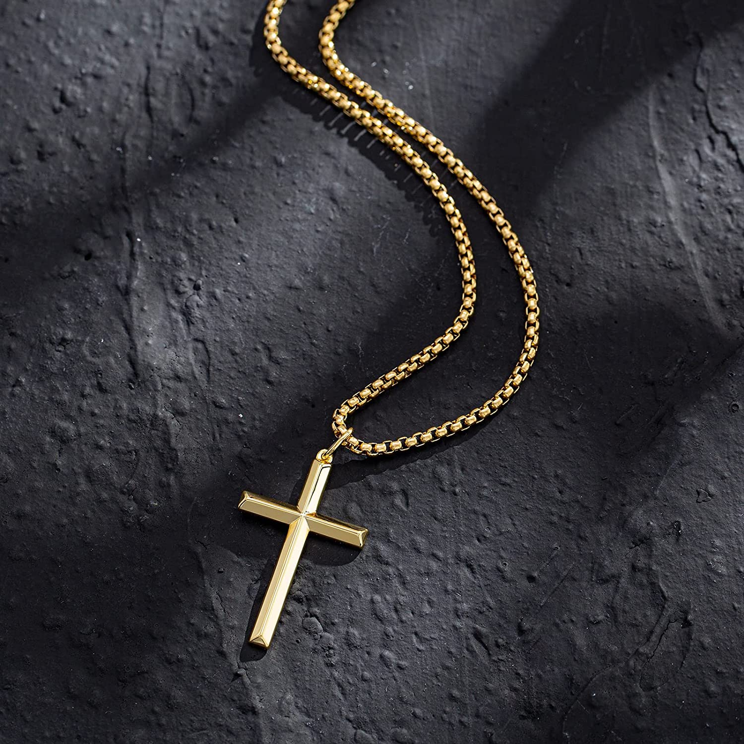 FANCIME Plated Mens Beveled Cross 14K Yellow Gold Necklace Detail