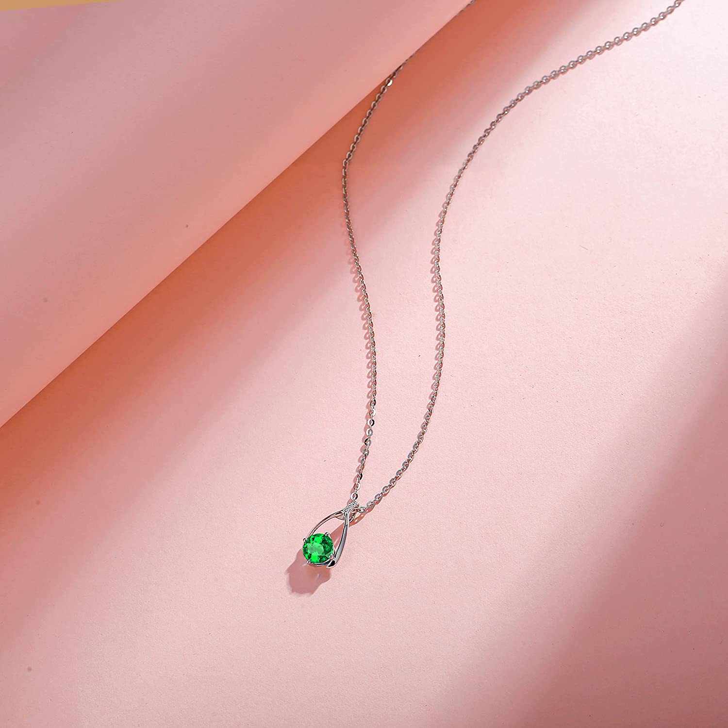 FANCIME "Lucky Wishbone"  Emerald May Gemstone Sterling Silver Necklace Full