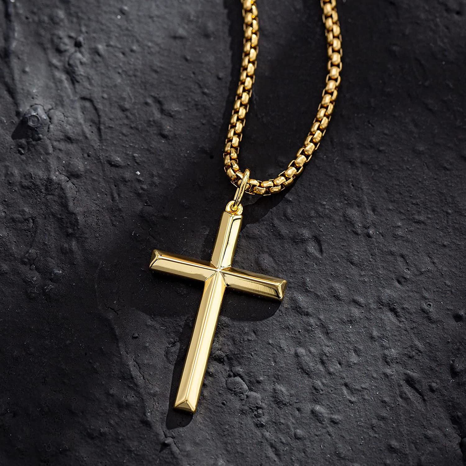 FANCIME Plated Mens Beveled Cross 14K Yellow Gold Necklace Detail2