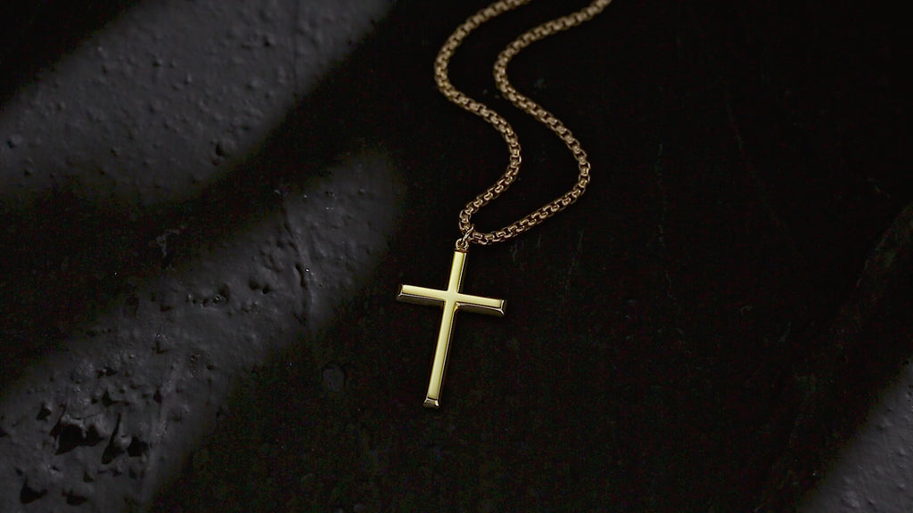 FANCIME Plated Mens Beveled Cross 14K Yellow Gold Necklace Video