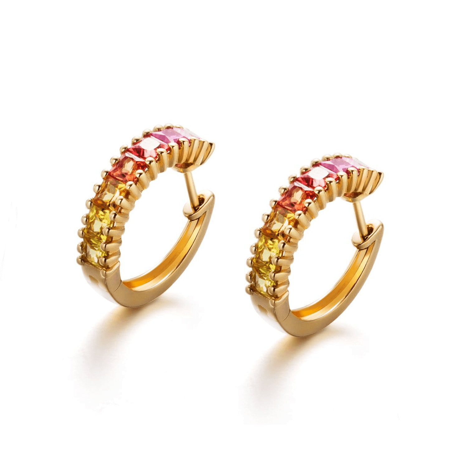 "Sunrise" Yellow And Red Color Sapphire Hoop Earrings In 18K Yellow Gold - FANCI.ME