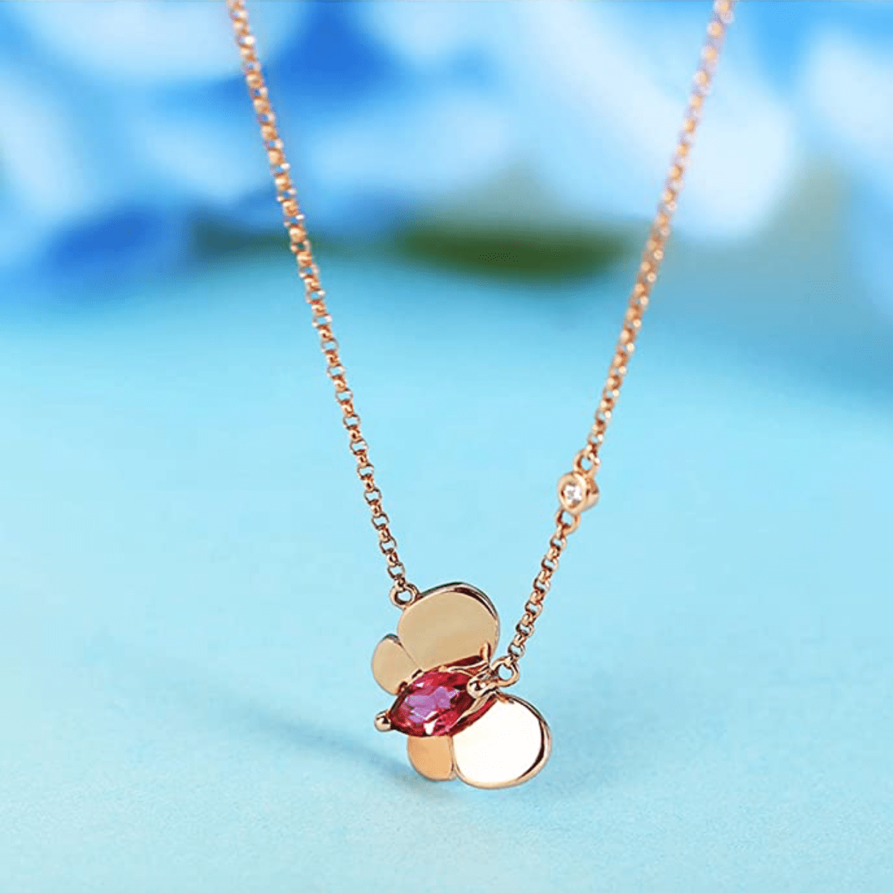 FANCIME "Rosy Rosie" Pink Tourmaline Butterfly 14K Rose Gold Necklace Full