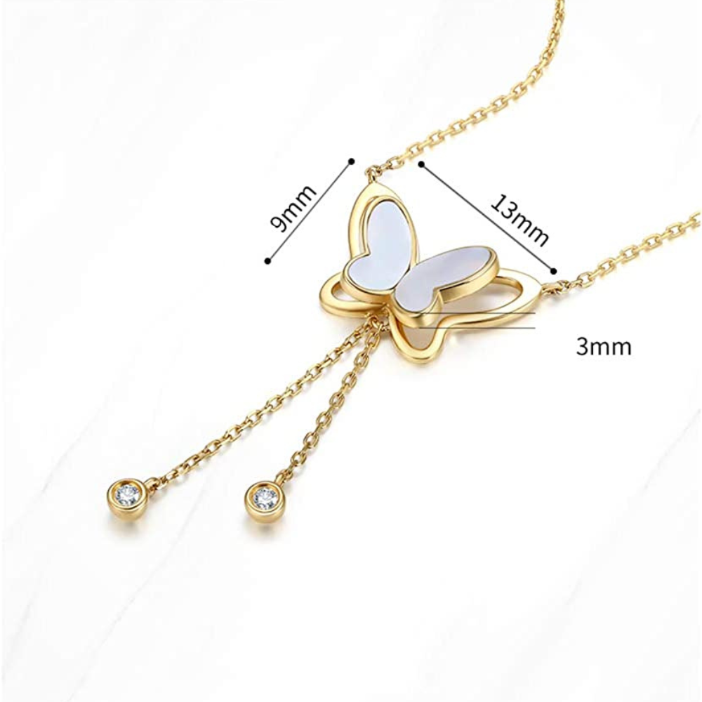 FANCIME "Twinkling Fairy Pearl" Butterfly Drop Dangling 14K Yellow Gold Necklace Size
