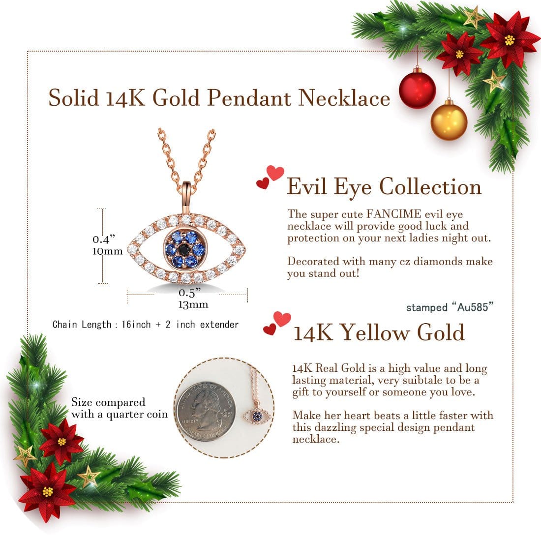 FANCIME Evil Eye 14K Solid Yellow Gold Necklace Size