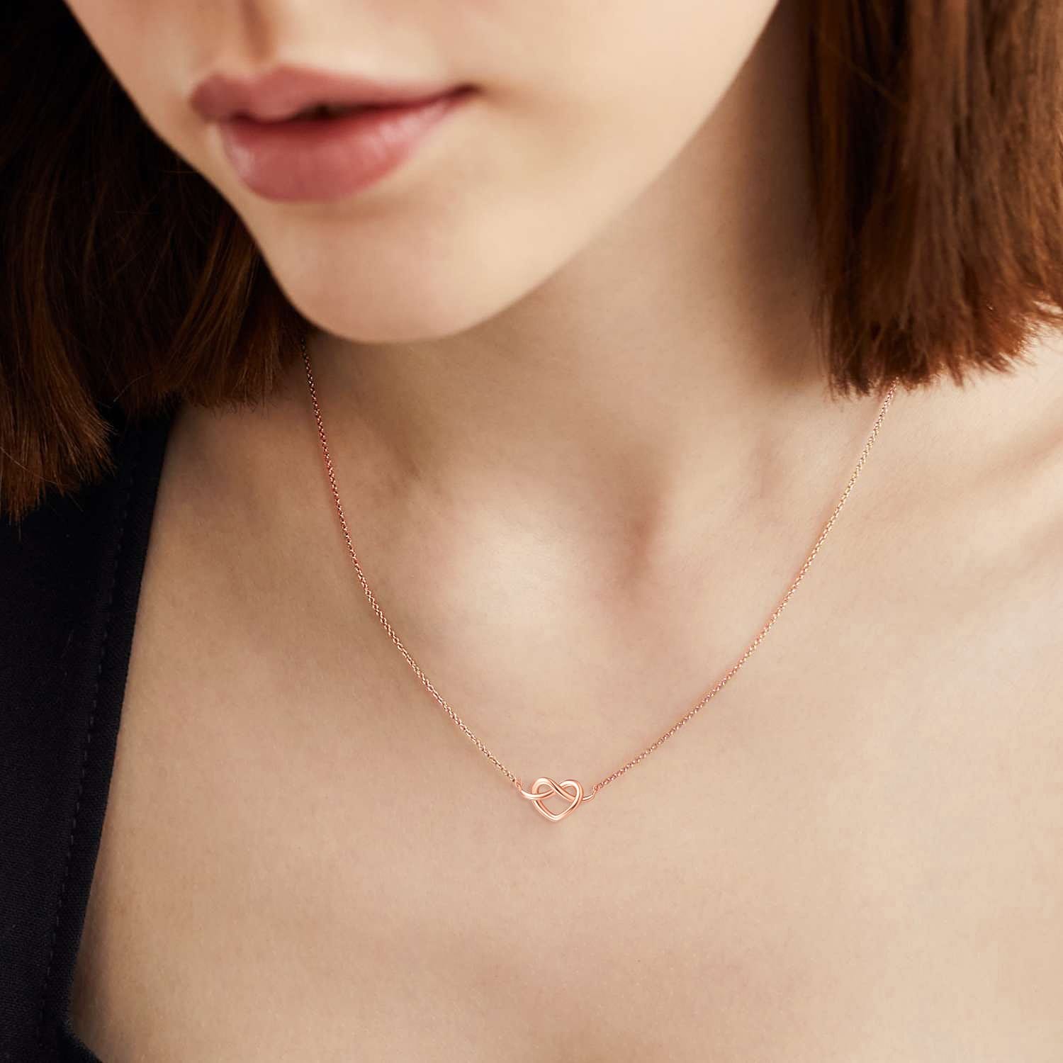 FANCIME Knotted Heart 14K Solid Rose Gold Necklace Show