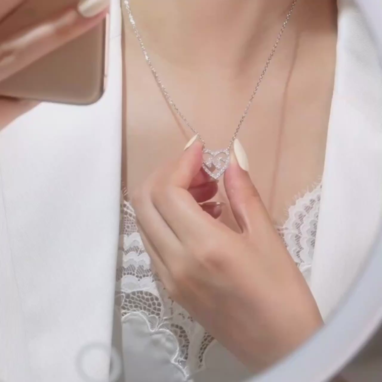 FANCIME "Amuse Me" Sterling Silver Paved CZ Stone Open Heart Necklace Video