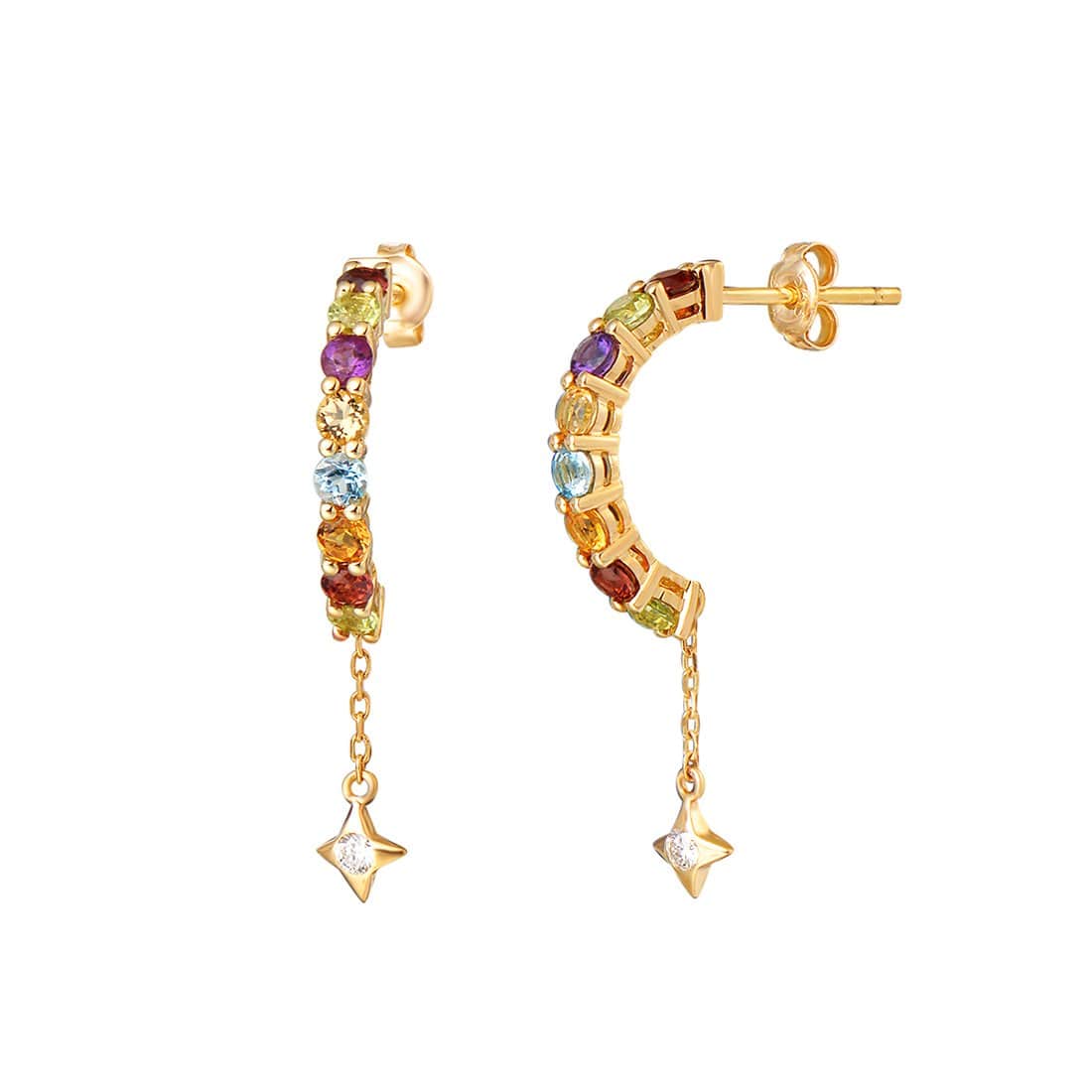 FANCIME "Rainbow Star" Rainbow Gemstones 14k Yellow Gold Hoops