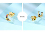 colorful moon studs in 14k yellow gold