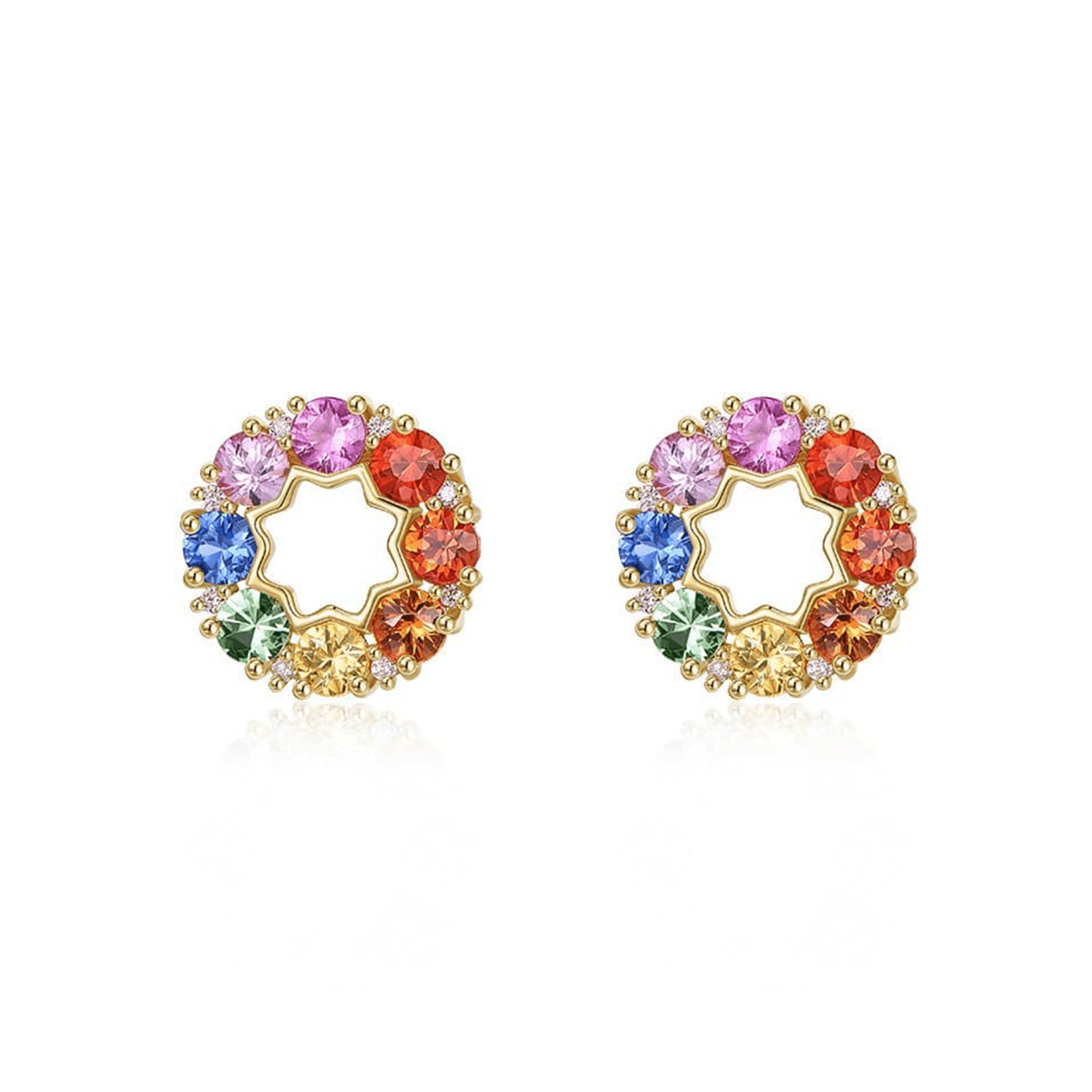 FANCIME "Rainbow Flower" Sapphire Circle 14k Yellow Gold Studs